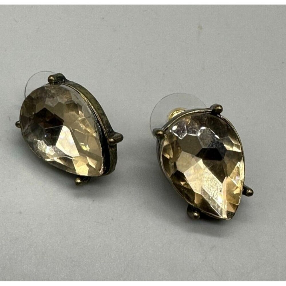 3/$30 Smoky Topaz Color Stud Earrings Gold Tone Pear Shape Rhinestone 0.5"